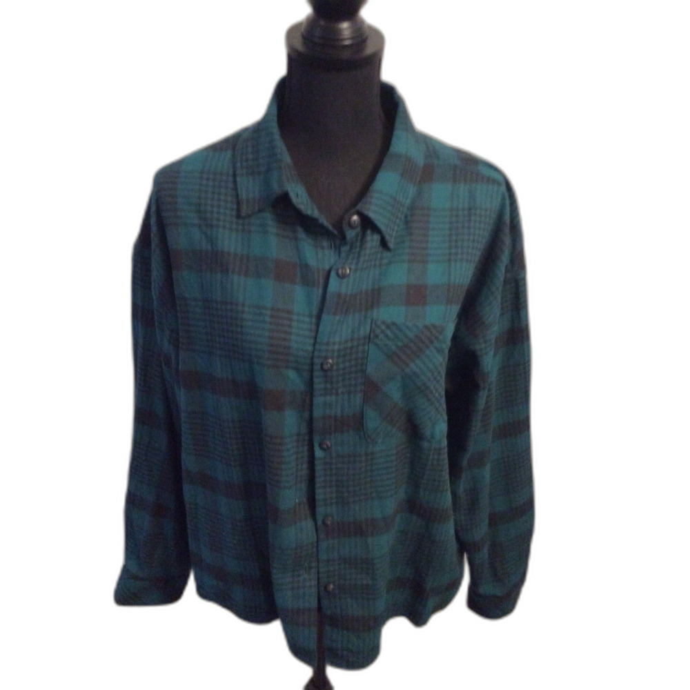 Green Black Flannel Button Down Large L Boston Traders Mens